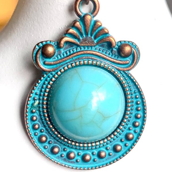 1 1/4" Ornate Southwestern Boho Burnished Gold Turquoise Bead Dangle Earrings - Picture 2 of 5